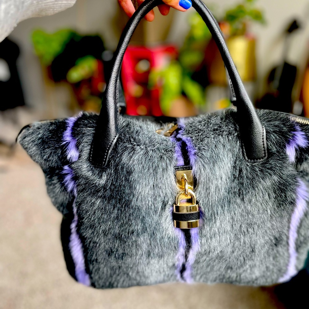 Purple and grey faux fur double zipper purse
